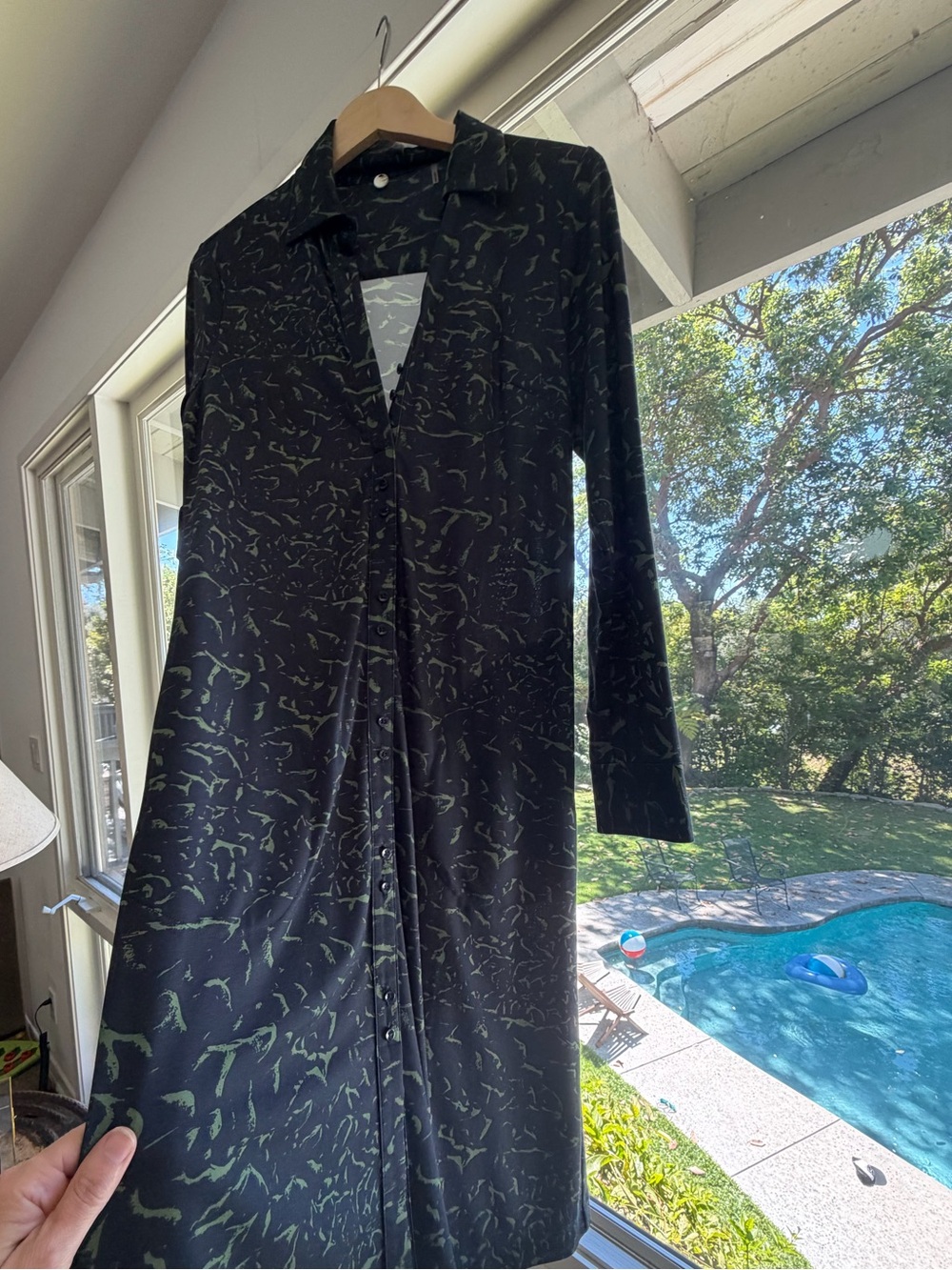 Margaret O'Leary Black Long Sleeve Shirt Dress with Green Abstract Accents - Picture 1 of 6